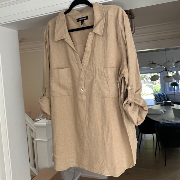 ELLEN TRACEY Beige Linen Blend Blouse / Top - Roll Sleeves, Placket Front - XXL - Picture 7 of 16